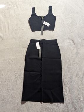 House of Harlow 1960 Black Ribbed Knit Midi Compression Skirt/Top 2pc Set
